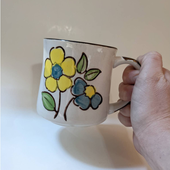 Vintage Mid-Century Floral Stoneware Mug, Bohemian Blue and Yellow Flowers - Picture 9 of 9
